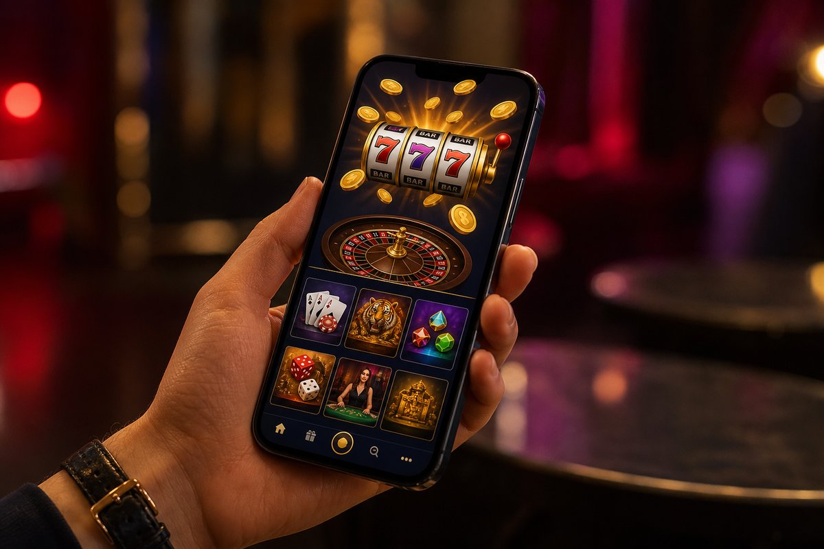 Smartphone mit aktiver Echtgeld Casino App – Spielautomaten und Casino-Lobby auf dem Display